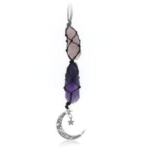 boho garden hanging car charm - rose quartz, amethyst - dangling moon, healing crystal accessories, rearview mirror decorations - love, connection, self-worth, balance, intuition, spirituality, energy