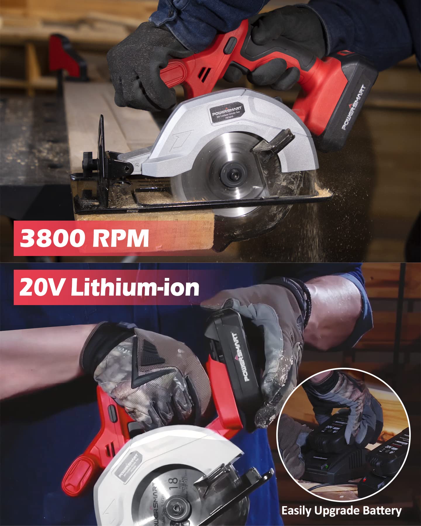 PowerSmart 20V 5-1/2 Inch Cordless Circular Saw with 1.5Ah Battery and Fast Charger, 3800RPM, Max Cutting Depth 1-7/16”(45°), 1-5/8”(90°)