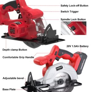 PowerSmart 20V 5-1/2 Inch Cordless Circular Saw with 1.5Ah Battery and Fast Charger, 3800RPM, Max Cutting Depth 1-7/16”(45°), 1-5/8”(90°)