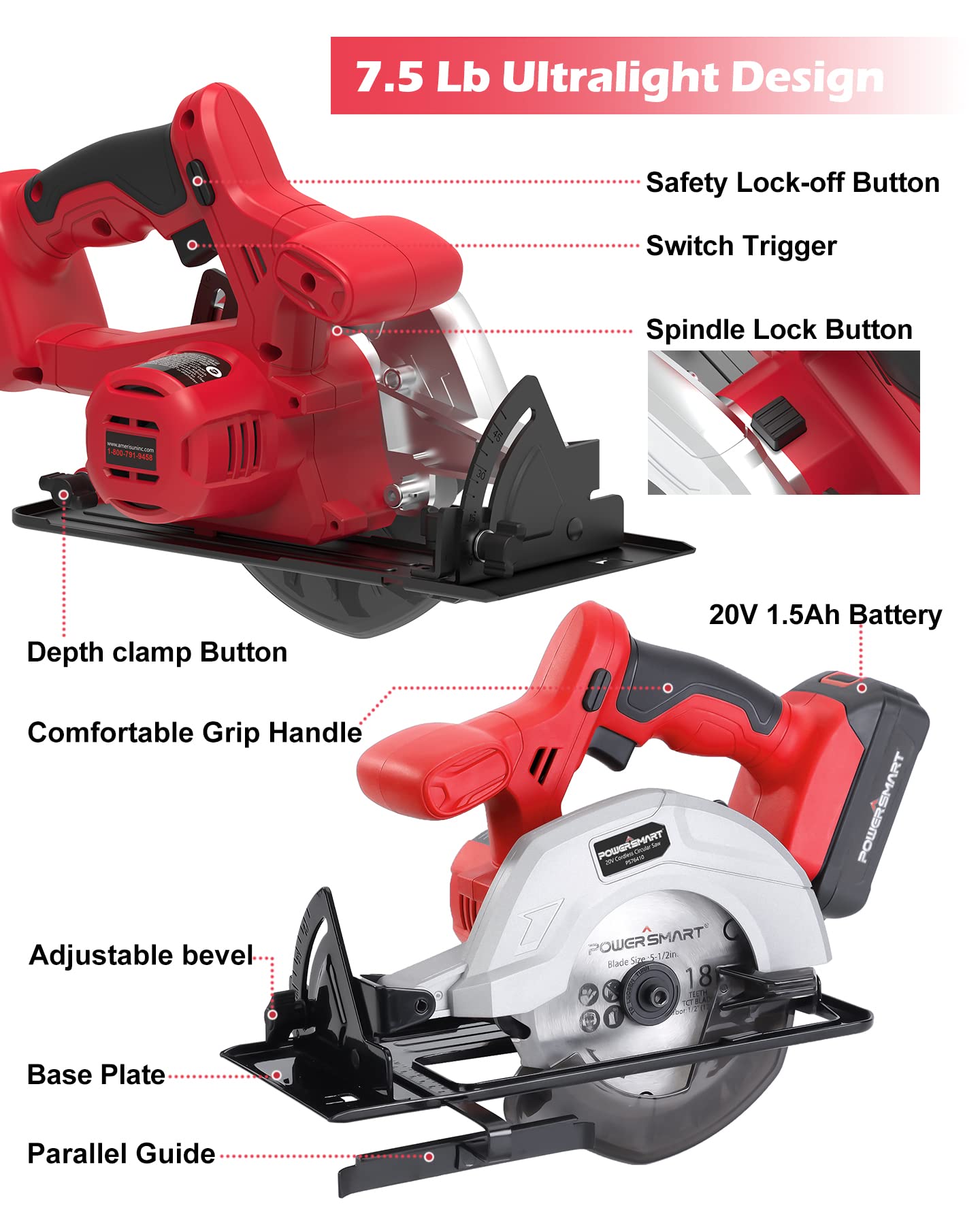 PowerSmart 20V 5-1/2 Inch Cordless Circular Saw with 1.5Ah Battery and Fast Charger, 3800RPM, Max Cutting Depth 1-7/16”(45°), 1-5/8”(90°)