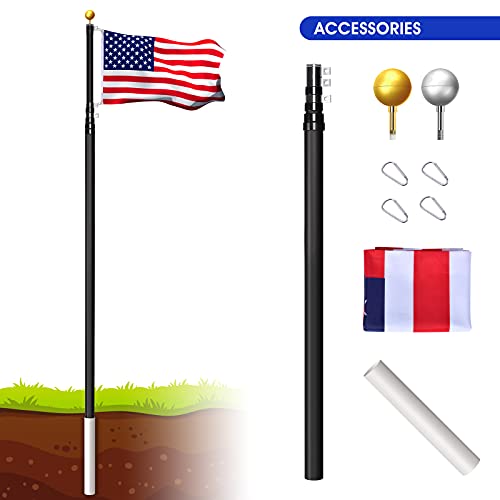 AKTOP 25FT Telescoping Flag Pole Kit, Black Extra Thick Heavy Duty Aluminum Flagpole Fly 2 Flags, Inground Telescopic Flag Poles with 1 USA Flag & 2 Balls Top for Yard, Residential or Commercial