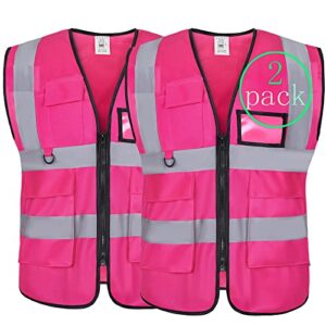 shuwinxun pink safety vests 2 pack high visibility reflective vests with 5 pockets workwear security strip construction vest for night running jogging cycling walking (pink, l, l)