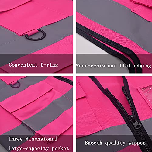 SHUWINXUN Pink Safety Vests 2 Pack High Visibility Reflective Vests with 5 Pockets Workwear Security Strip Construction Vest for Night Running Jogging Cycling Walking (Pink, L, l)