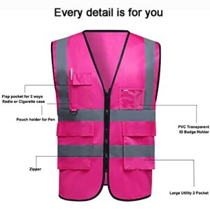 SHUWINXUN Pink Safety Vests 2 Pack High Visibility Reflective Vests with 5 Pockets Workwear Security Strip Construction Vest for Night Running Jogging Cycling Walking (Pink, L, l)