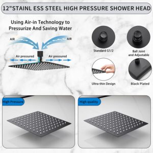Rain Shower Head Black with Extension Arm 12 Inch Square Shower Head with 16 Inch Shower Arm Large Stainless Steel Rainfall Showerhead Matte Black Waterfall Full Body Coverage by GGStudy