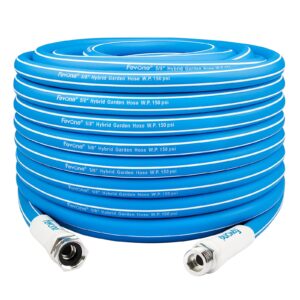 fevone garden hose 100 ft x 5/8", drinking water safe, heavy duty water hose, flexible and lightweight, hybrid hose kink free, easy to coil, solid aluminum fittings - no leak