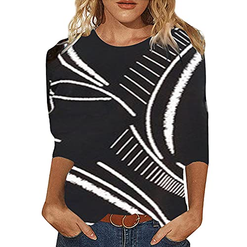 wodceeke Women's Half Sleeve Retro Geometry Print T-Shirt Round Neck Basic Tee Summer Casual Loose Blouse Tops (Black, XL)