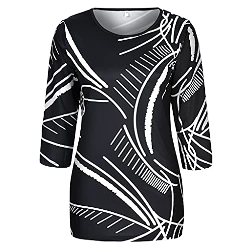 wodceeke Women's Half Sleeve Retro Geometry Print T-Shirt Round Neck Basic Tee Summer Casual Loose Blouse Tops (Black, XL)