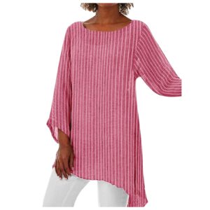 wodceeke women's three-quarter sleeve t-shirt round neck striped shirt tee casual loose irregular hem tops (pink, xxxl)