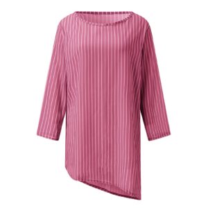 wodceeke Women's Three-quarter Sleeve T-shirt Round Neck Striped Shirt Tee Casual Loose Irregular Hem Tops (Pink, XXXL)