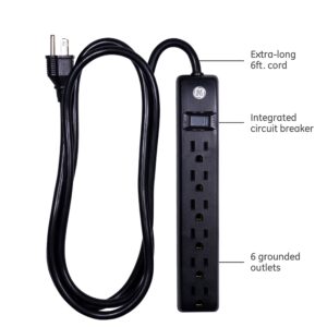 GE 6 Grounded Outlet Surge Protector, 450 Joules, 2 Pack Power Strip, 3 Ft Long Extension Cord & 6 Outlet Power Strip, 6 Ft Cord, Wall Mount, Integrated Circuit Breaker, 120VAC, 15A, 1800W, Black