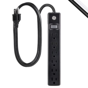 GE 6 Grounded Outlet Surge Protector, 450 Joules, 2 Pack Power Strip, 3 Ft Long Extension Cord & 6 Outlet Power Strip, 6 Ft Cord, Wall Mount, Integrated Circuit Breaker, 120VAC, 15A, 1800W, Black