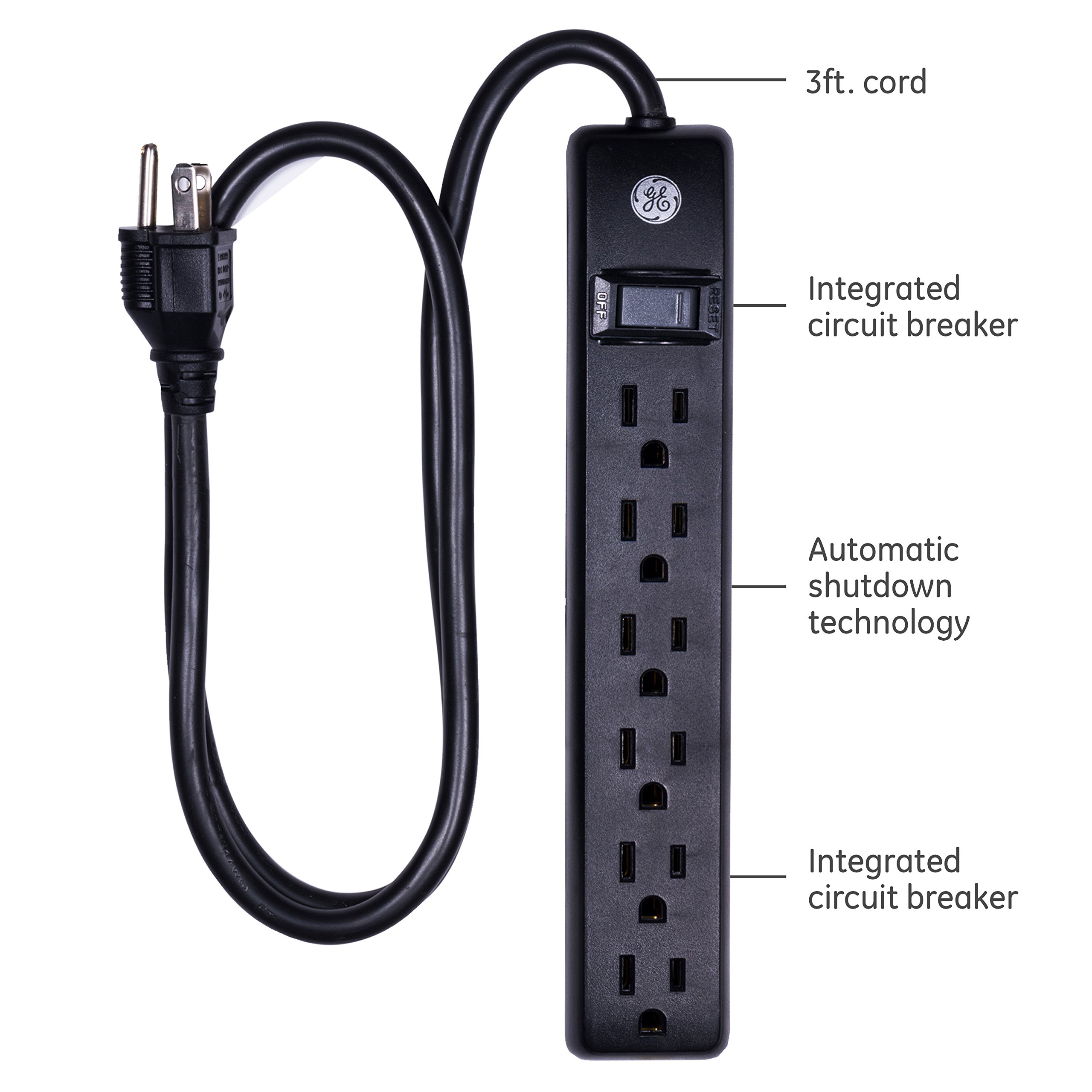 GE 6 Grounded Outlet Surge Protector, 450 Joules, 2 Pack Power Strip, 3 Ft Long Extension Cord & 6 Outlet Power Strip, 6 Ft Cord, Wall Mount, Integrated Circuit Breaker, 120VAC, 15A, 1800W, Black