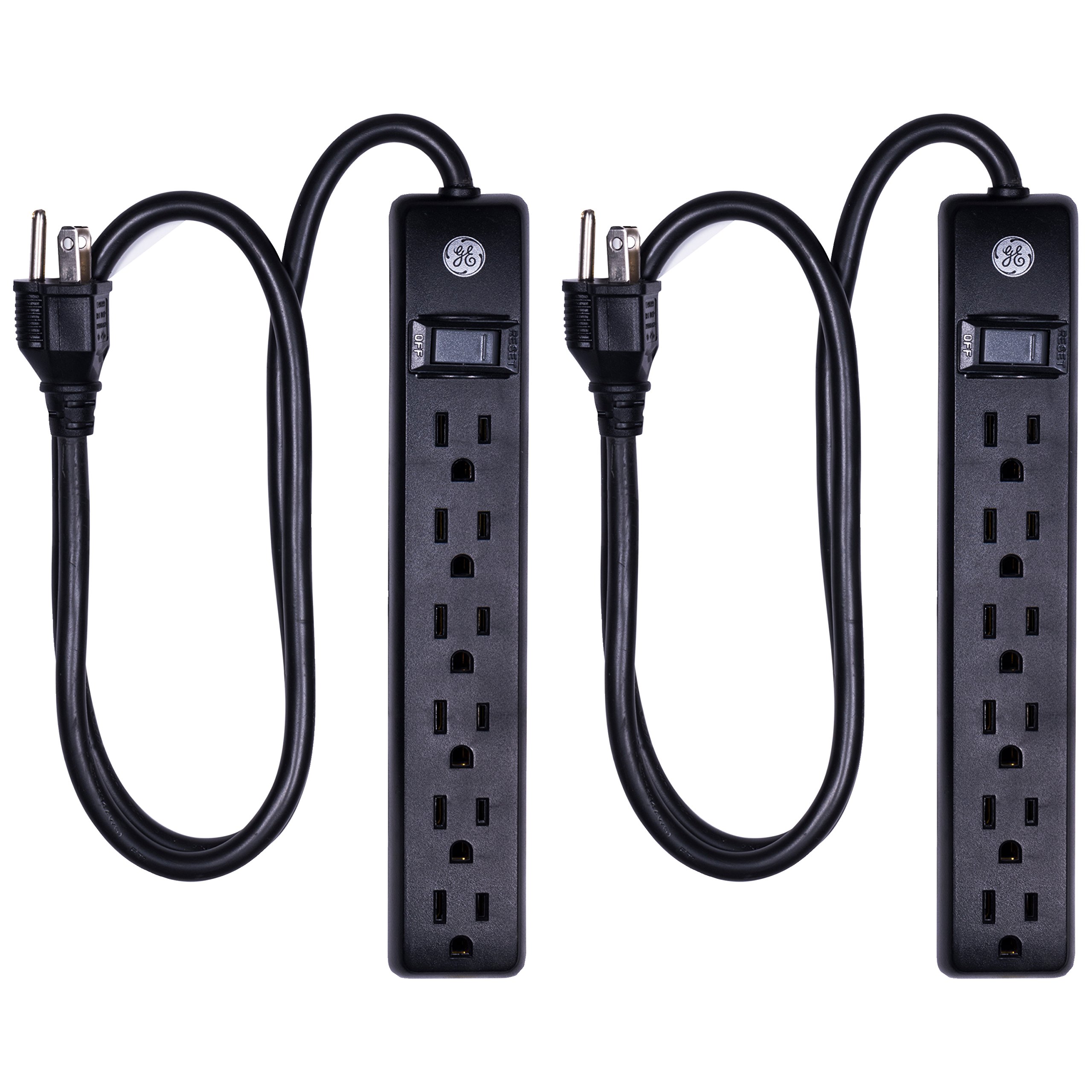 GE 6 Grounded Outlet Surge Protector, 450 Joules, 2 Pack Power Strip, 3 Ft Long Extension Cord & 6 Outlet Power Strip, 6 Ft Cord, Wall Mount, Integrated Circuit Breaker, 120VAC, 15A, 1800W, Black