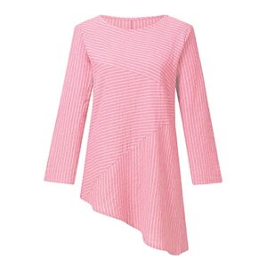 wodceeke women's three-quarter sleeve linen t-shirt round neck plain stripe shirt tee casual loose irregular hem tops (pink, s)