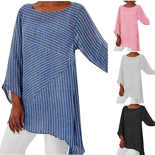 wodceeke Women's Three-quarter Sleeve Linen T-shirt Round Neck Plain Stripe Shirt Tee Casual Loose Irregular Hem Tops (Pink, S)