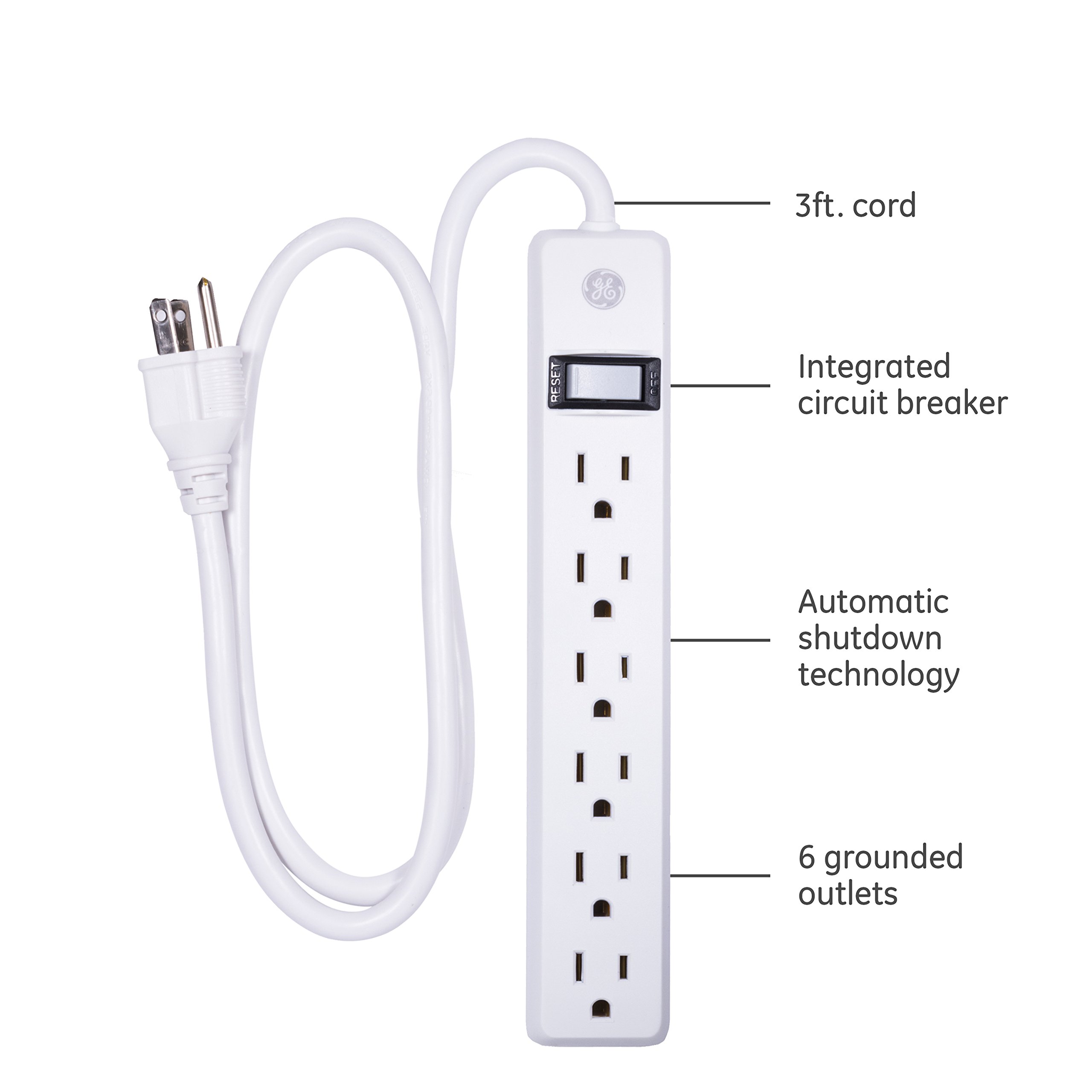 GE 6 Grounded Outlet Surge Protector, 450 Joules, 2 Pack Power Strip, 3 Ft Long Extension Cord & 3-Outlet Power Strip, 12 Ft Extension Cord, 2 Prong, 16 Gauge, Twist-to-Close Safety Outlet Covers