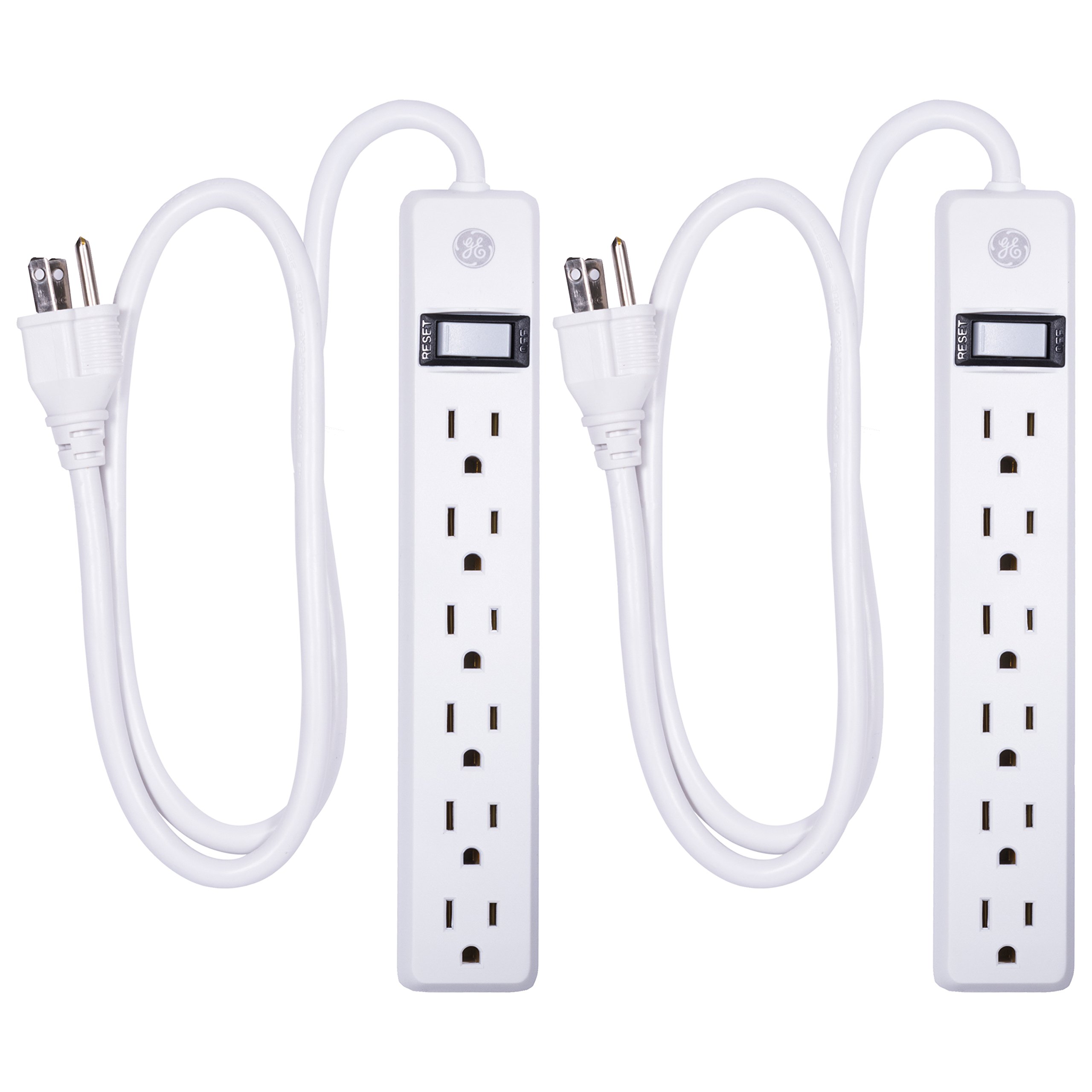GE 6 Grounded Outlet Surge Protector, 450 Joules, 2 Pack Power Strip, 3 Ft Long Extension Cord & 3-Outlet Power Strip, 12 Ft Extension Cord, 2 Prong, 16 Gauge, Twist-to-Close Safety Outlet Covers
