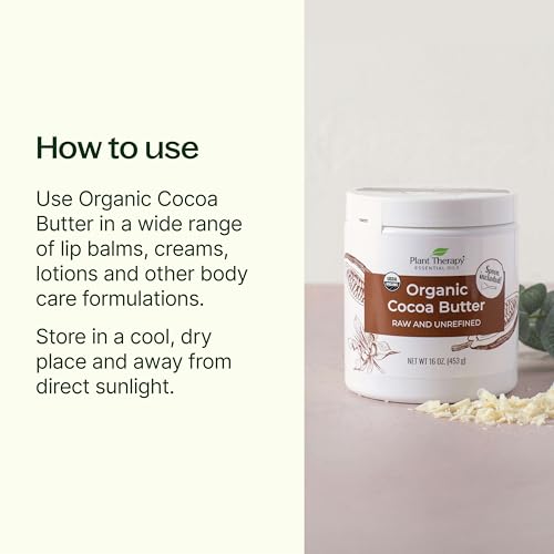Plant Therapy Organic Cocoa Butter Raw, Unrefined USDA Certified, 16 oz Jar For Body, Face & Hair 100% Pure, Natural Moisturizer For Dry, Cracked Skin, Best for DIY Beauty Products