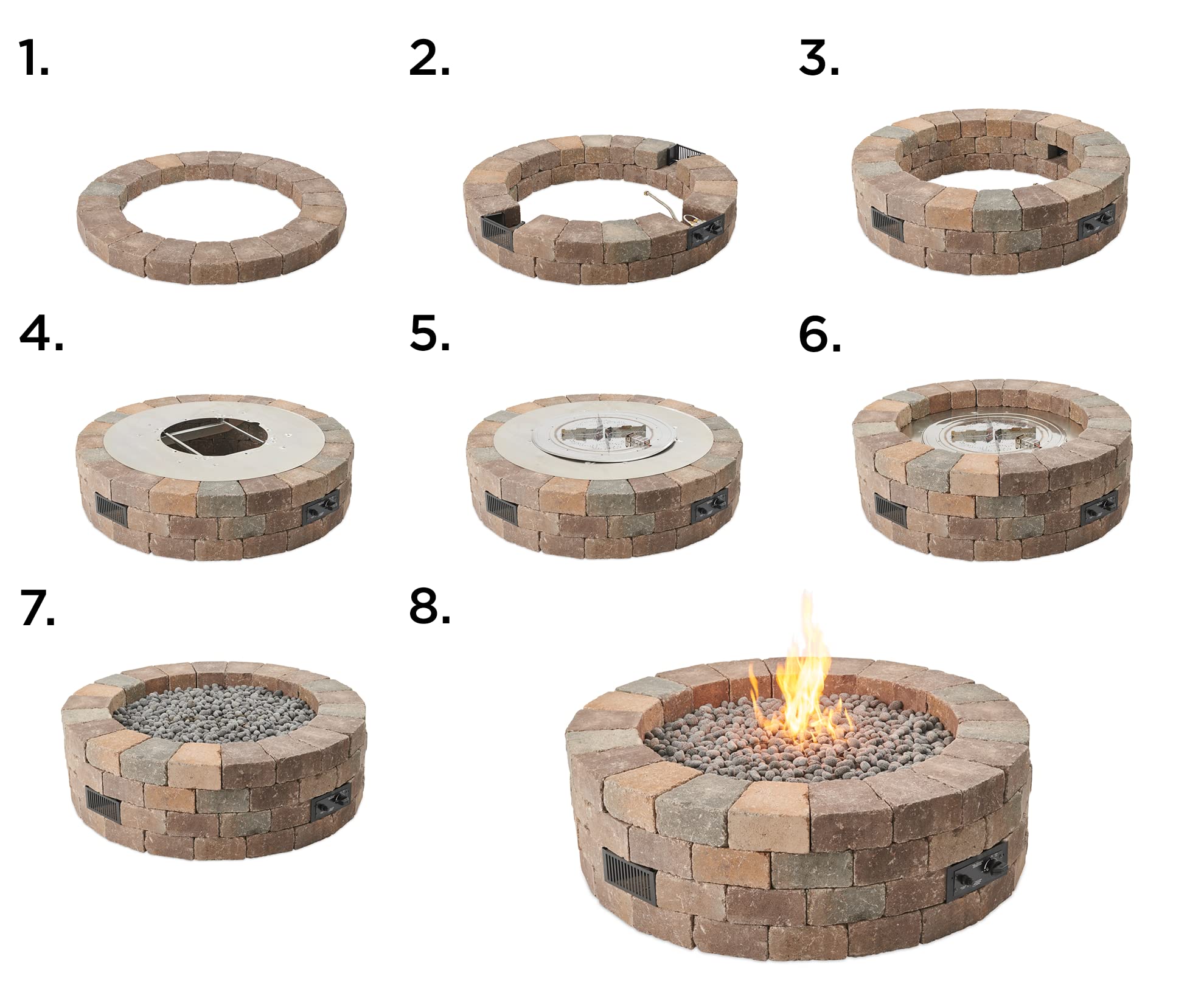 Outdoor GreatRoom Co Propane Fire Pit Kit - 52 Inch Round Bronson DIY Bonfire Gas Fire Pits for Outside Patio - Includes 84 Stone Paver Blocks, 42" Firepit Burner, Tumbled Lava Rock, 105,000 BTU