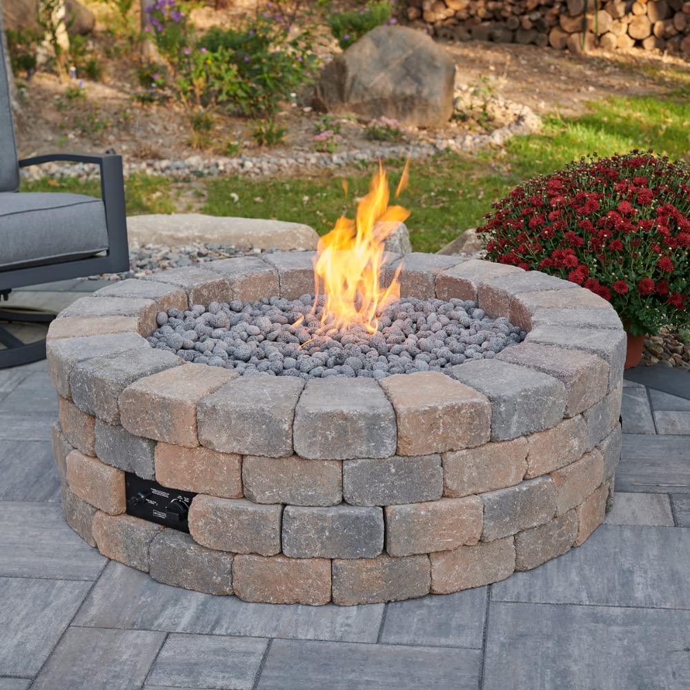 Outdoor GreatRoom Co Propane Fire Pit Kit - 52 Inch Round Bronson DIY Bonfire Gas Fire Pits for Outside Patio - Includes 84 Stone Paver Blocks, 42" Firepit Burner, Tumbled Lava Rock, 105,000 BTU