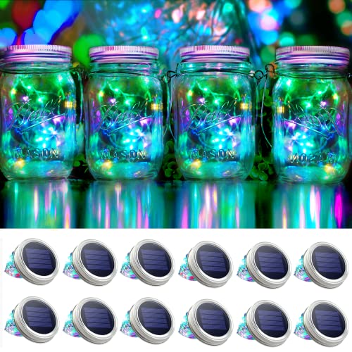 30 LED 12 Pack Mason Jar Solar Lights Outdoor Colorful Solar Mason Jar Lid String Fairy Lights Hanging Lights for Patio Yard Garden Wedding Decorations[No Jar+12 Hangers]