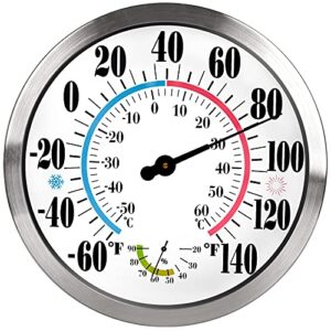 12" outdoor thermometer large numbers - decorative outdoor thermometers for patio, wall thermometer hygrometer with stainless steel enclosure, battery free indoor outdoor thermometer decorative