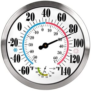 12" Outdoor Thermometer Large Numbers - Decorative Outdoor Thermometers for Patio, Wall Thermometer Hygrometer with Stainless Steel Enclosure, Battery Free Indoor Outdoor Thermometer Decorative