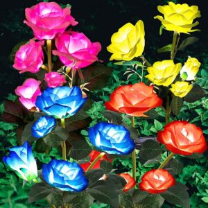 angmln 4 pack solar garden lights, solar flower lights outdoor waterproof with 20 head rose 7-color changing landscape lights for garden yard pathway patio grave cemetery decoration