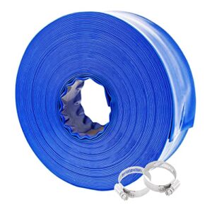 poolvio 1-1/2" x 100' professional blue backwash hose with clamps, general purpose reinforced pvc lay-flat water discharge hose,for use while back-washing filters and draining pools