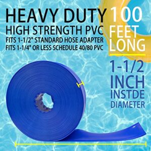 Poolvio 1-1/2" x 100' Professional Blue Backwash Hose with Clamps, General Purpose Reinforced PVC Lay-Flat Water Discharge Hose,for Use While Back-Washing Filters and Draining Pools