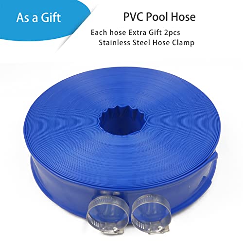 Poolvio 1-1/2" x 100' Professional Blue Backwash Hose with Clamps, General Purpose Reinforced PVC Lay-Flat Water Discharge Hose,for Use While Back-Washing Filters and Draining Pools