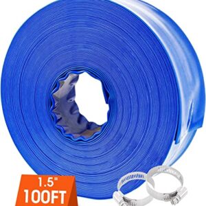 Poolvio 1-1/2" x 100' Professional Blue Backwash Hose with Clamps, General Purpose Reinforced PVC Lay-Flat Water Discharge Hose,for Use While Back-Washing Filters and Draining Pools