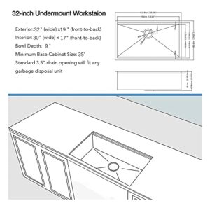 ALWEN 32X19 inch Ledge Workstation Undermount kitchen Sink 304 Stainless Steel Single Bowl Kitchen Sink