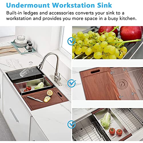 ALWEN 32X19 inch Ledge Workstation Undermount kitchen Sink 304 Stainless Steel Single Bowl Kitchen Sink