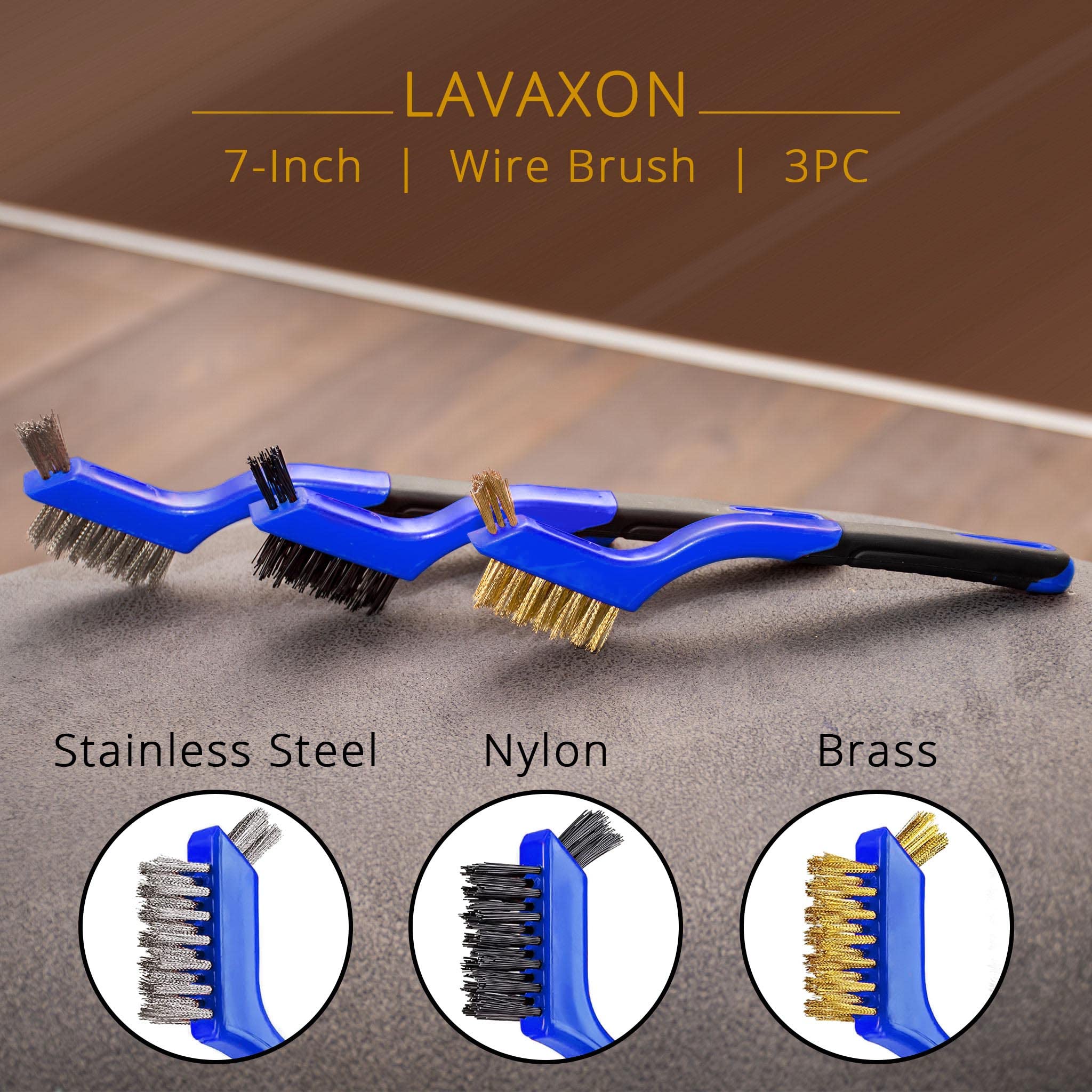 Lavaxon Wire Brush Set 3Pcs - Nylon/Brass/Stainless Steel Bristles with Curved Handle Grip for Rust, Dirt & Paint Scrubbing with Deep Cleaning – 7 Inches (Green)