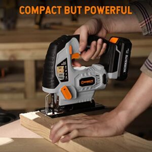 WORKSITE Cordless Jig Saw, 20V Lithium Ion Jigsaw with LED Light, 4 Orbital Settings and 3000 SPM Variable Speeds, 10Pcs T-shaped Cutting Blades, Battery & Charger Included