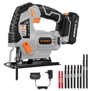 worksite cordless jig saw, 20v lithium ion jigsaw with led light, 4 orbital settings and 3000 spm variable speeds, 10pcs t-shaped cutting blades, battery & charger included