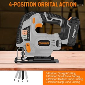 WORKSITE Cordless Jig Saw, 20V Lithium Ion Jigsaw with LED Light, 4 Orbital Settings and 3000 SPM Variable Speeds, 10Pcs T-shaped Cutting Blades, Battery & Charger Included