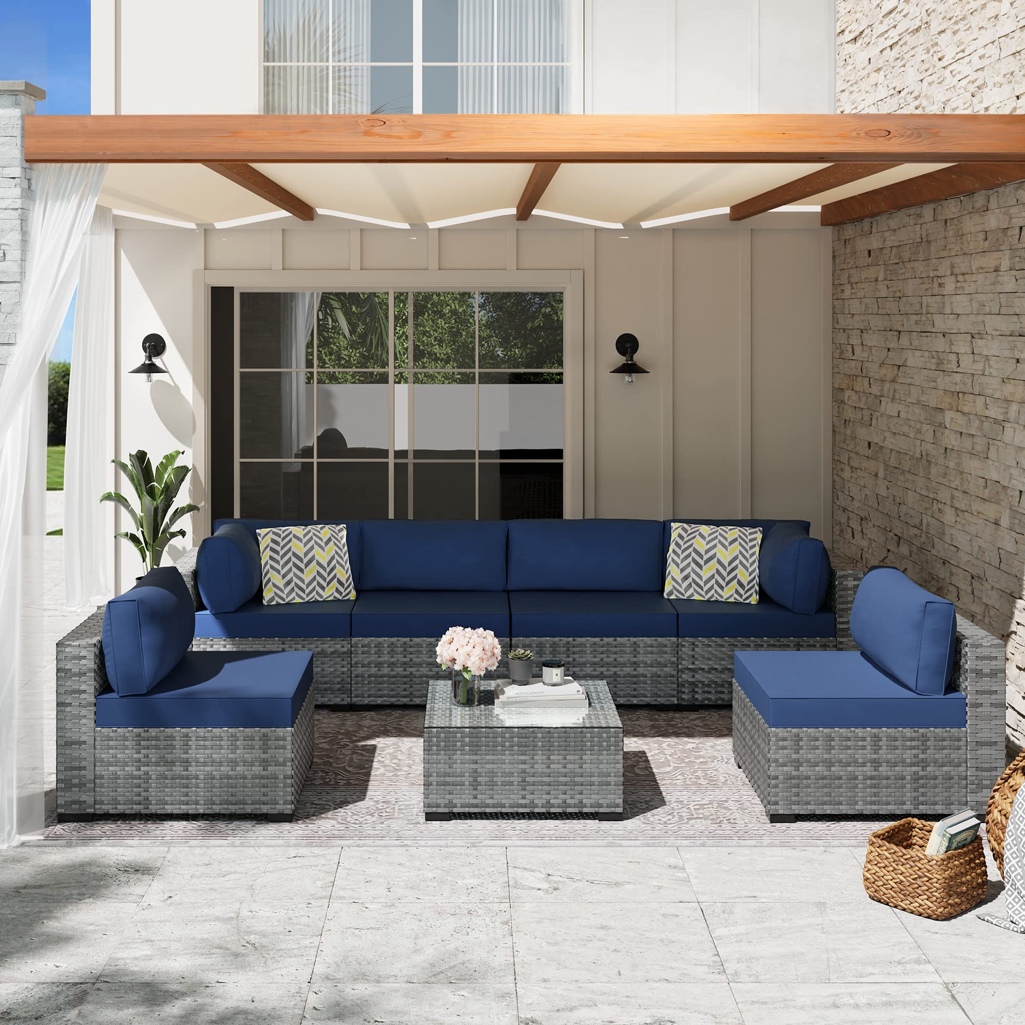 SUNLEI 7pcs Patio Conversation Sets Outdoor Furniture Sets, High Back All-Weather Rattan Sectional Sofa with Tea Table&Washable Couch Cushions(Silver Rattan) (Aegean Blue)