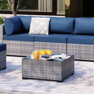 SUNLEI 7pcs Patio Conversation Sets Outdoor Furniture Sets, High Back All-Weather Rattan Sectional Sofa with Tea Table&Washable Couch Cushions(Silver Rattan) (Aegean Blue)