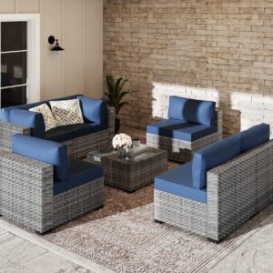 SUNLEI 7pcs Patio Conversation Sets Outdoor Furniture Sets, High Back All-Weather Rattan Sectional Sofa with Tea Table&Washable Couch Cushions(Silver Rattan) (Aegean Blue)