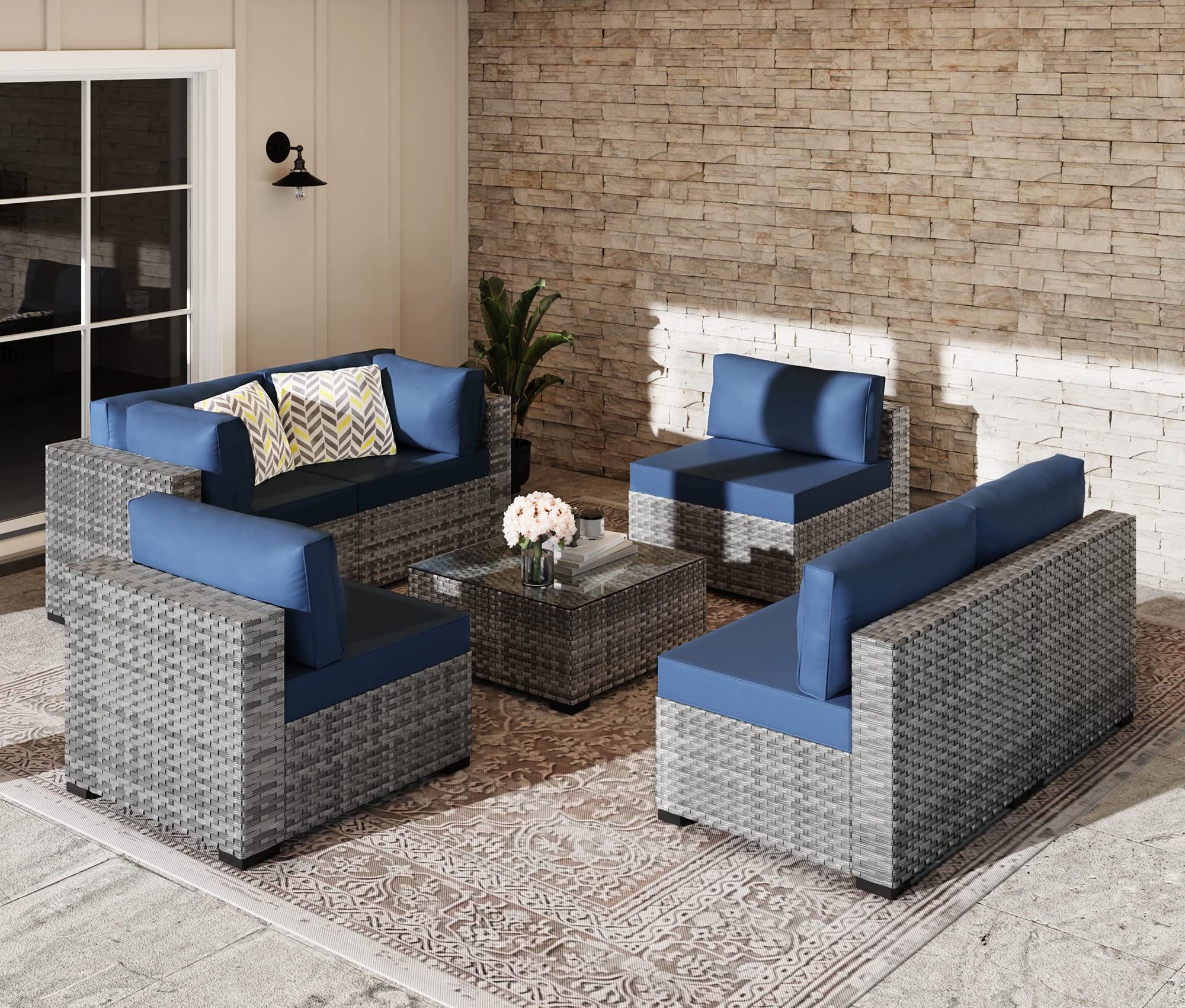 SUNLEI 7pcs Patio Conversation Sets Outdoor Furniture Sets, High Back All-Weather Rattan Sectional Sofa with Tea Table&Washable Couch Cushions(Silver Rattan) (Aegean Blue)