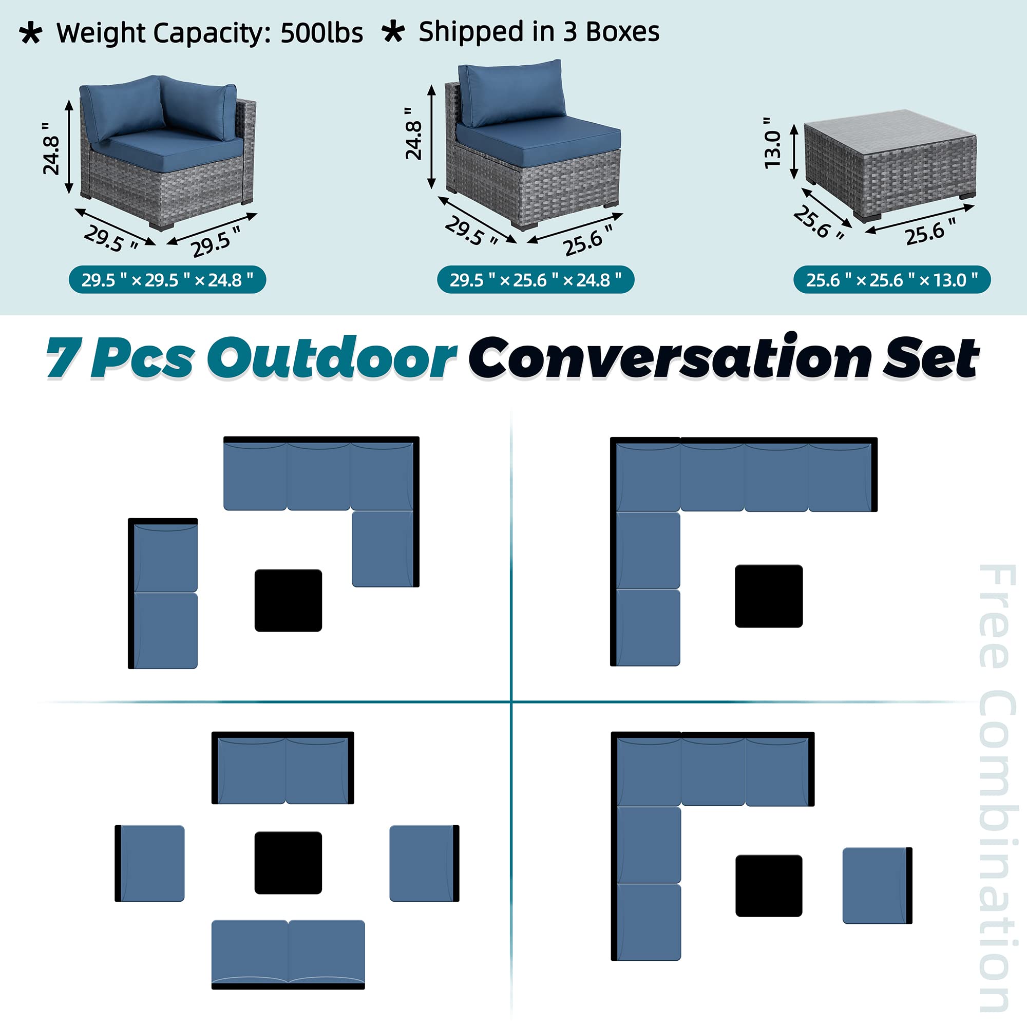 SUNLEI 7pcs Patio Conversation Sets Outdoor Furniture Sets, High Back All-Weather Rattan Sectional Sofa with Tea Table&Washable Couch Cushions(Silver Rattan) (Aegean Blue)