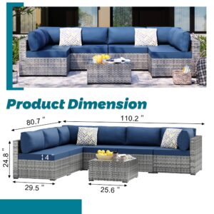 SUNLEI 7pcs Patio Conversation Sets Outdoor Furniture Sets, High Back All-Weather Rattan Sectional Sofa with Tea Table&Washable Couch Cushions(Silver Rattan) (Aegean Blue)