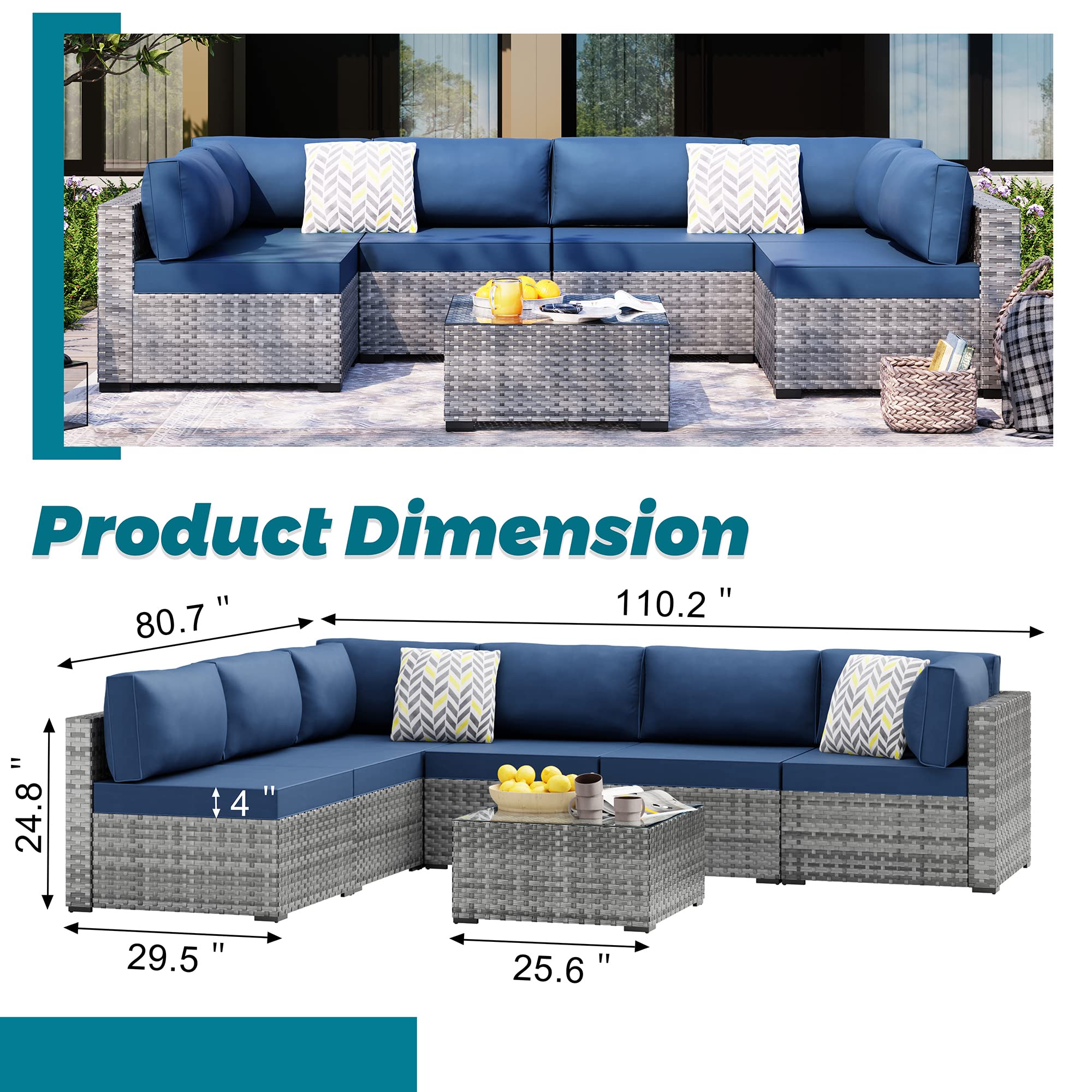 SUNLEI 7pcs Patio Conversation Sets Outdoor Furniture Sets, High Back All-Weather Rattan Sectional Sofa with Tea Table&Washable Couch Cushions(Silver Rattan) (Aegean Blue)