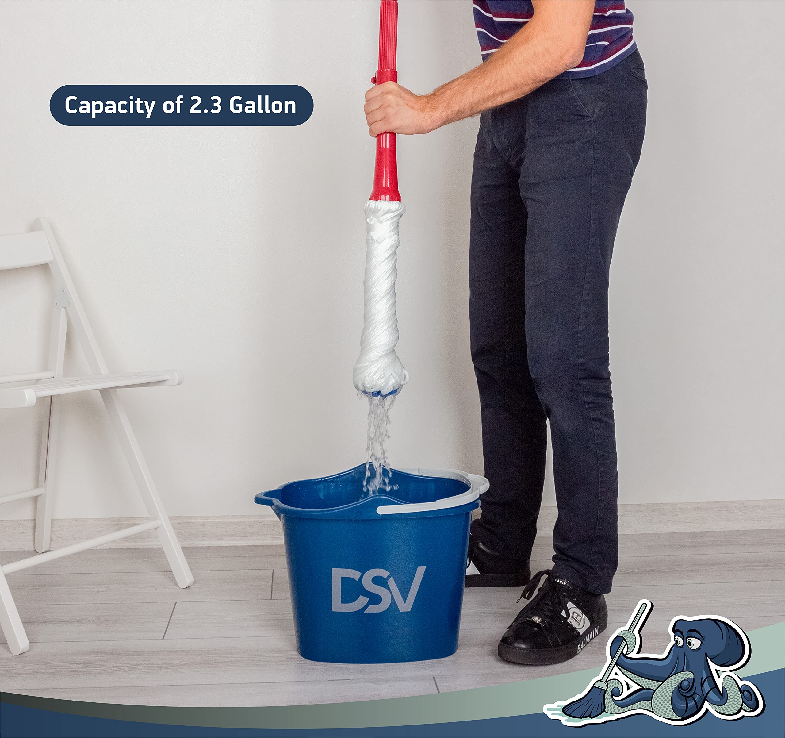 DSV Standard Professional 2.3 Gallon (8.5L) Cleaning Bucket | Pour Spout & Comfort-Grip Handle | Wash Bucket Ideal for Squeegees and Washers up to 10-inch Length | Household Cleaning Supplies