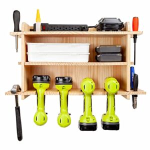 lamplighter creations power tool organizer & drill storage rack - cordless charging station tool organizer - drill holder wall mount - easy assembly 16.75x13x7” (unfinished pine)