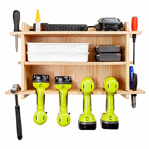 LampLighter Creations Power Tool Organizer & Drill Storage Rack - Cordless Charging Station Tool Organizer - Drill Holder Wall Mount - Easy Assembly 16.75x13x7” (Unfinished Pine)