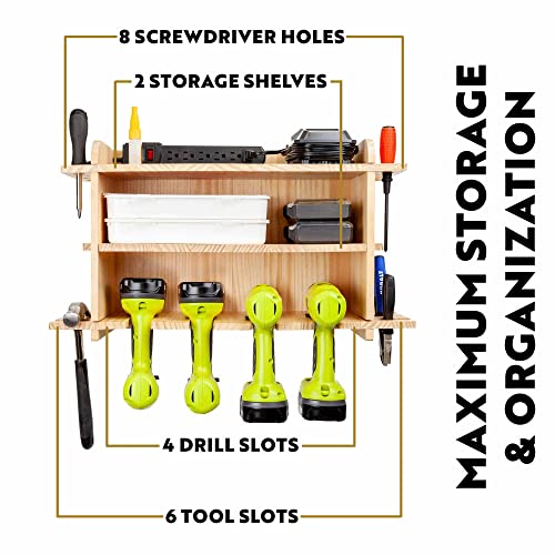 LampLighter Creations Power Tool Organizer & Drill Storage Rack - Cordless Charging Station Tool Organizer - Drill Holder Wall Mount - Easy Assembly 16.75x13x7” (Unfinished Pine)